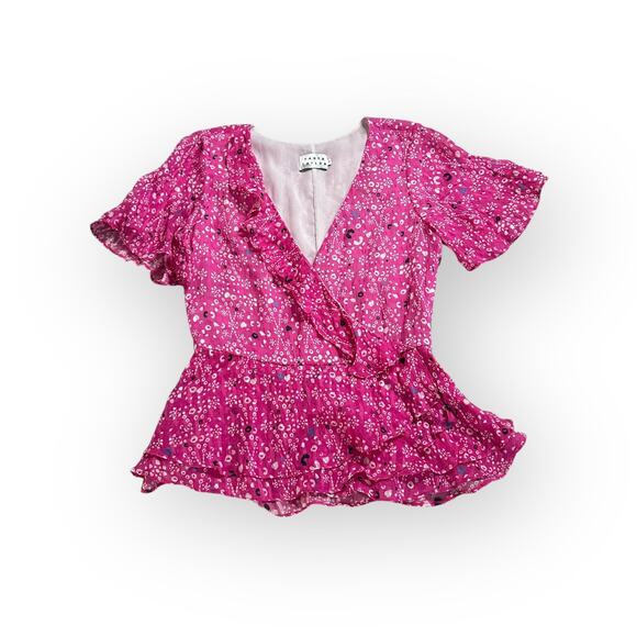 Tanya Taylor Bianka Top Women's 2 Pink  Floral Ikat Mosaic Silk Blend Ruffle - Picture 1 of 10